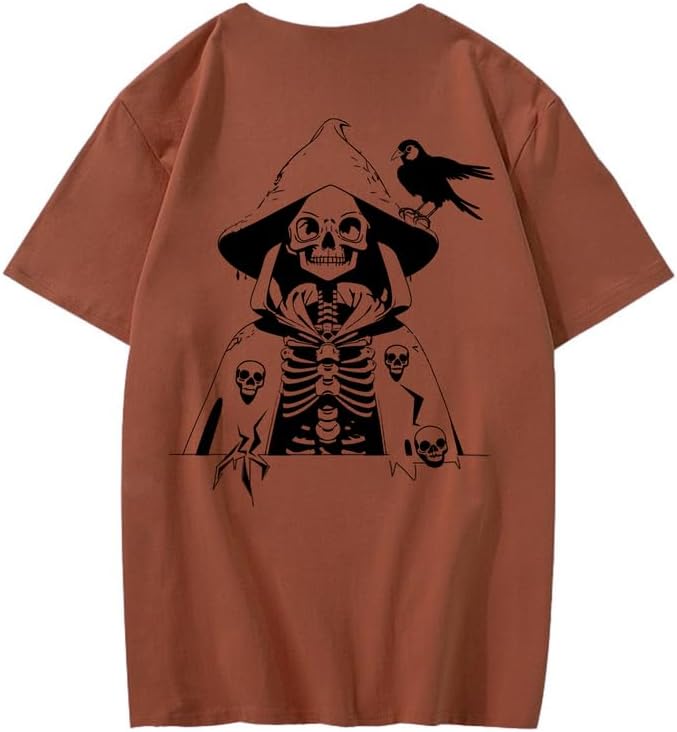 CORIRESHA Camiseta con estampado de calavera para adolescentes, cuello redondo, manga corta, informal, de algodón, disfraz de Halloween