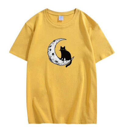 CORIRESHA Camiseta unisex de manga corta con cuello redondo y diseño de gato lunar, informal, de algodón suave
