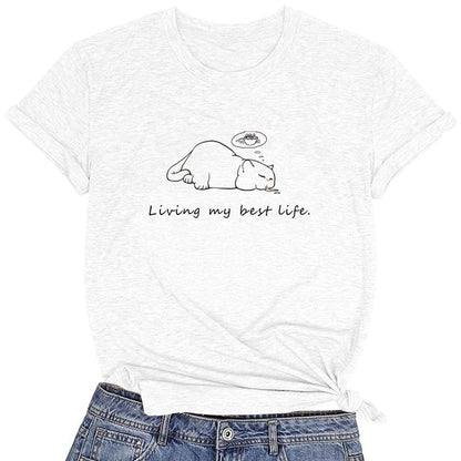 CORIRESHA Women's Cute Sleeping Cat Crewneck Short Sleeve Casual Cozy Letter T-Shirt