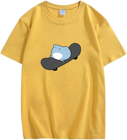 CORIRESHA Camiseta de skate de algodón de manga corta con cuello redondo y estampado de rana linda para adolescentes