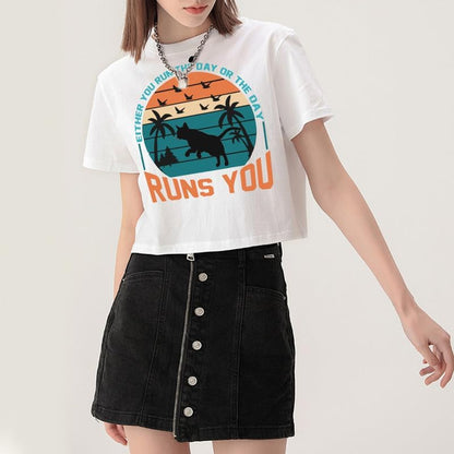 CORIRESHA Camiseta corta de algodón con cuello redondo y manga corta con diseño de gato y gaviota para mujer