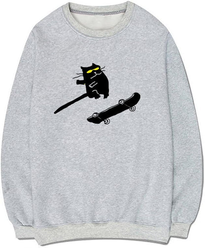 CORIRESHA Funny Cat Skateboard Crewneck Long Sleeve Cotton Basic Casual Pullover Sweatshirt