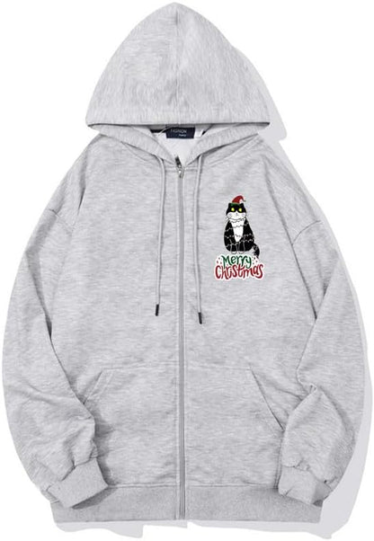 CORIRESHA Women's Unisex Cute Christmas Cat Zipper Hoodie Long Sleeve Drawstring Funny Sweatshirt