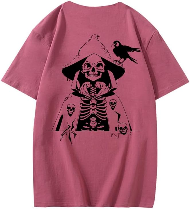 CORIRESHA Camiseta con estampado de calavera para adolescentes, cuello redondo, manga corta, informal, de algodón, disfraz de Halloween