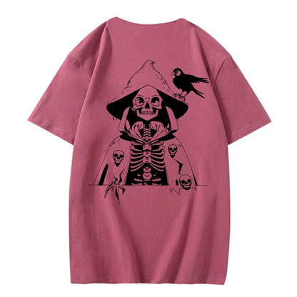 CORIRESHA Camiseta con estampado de calavera para adolescentes, cuello redondo, manga corta, informal, de algodón, disfraz de Halloween
