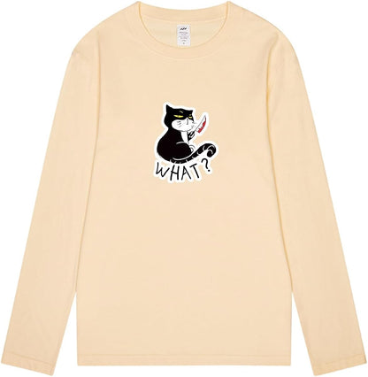 CORIRESHA Camiseta unisex de manga larga de algodón con diseño de gato divertido con cuchillo de sangre