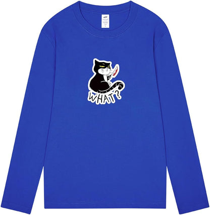 CORIRESHA Camiseta unisex de manga larga de algodón con diseño de gato divertido con cuchillo de sangre