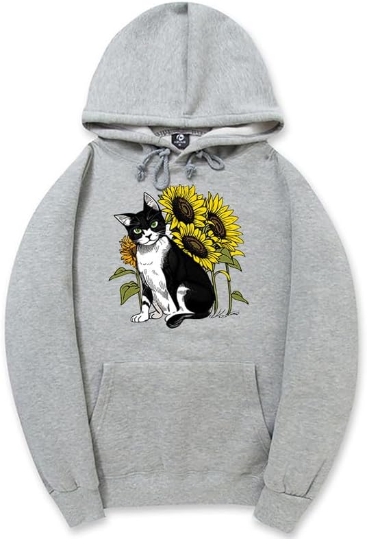 CORIRESHA Cute Cat Hoodie Casual Long Sleeve Drawstring Sunflower Sweatshirt