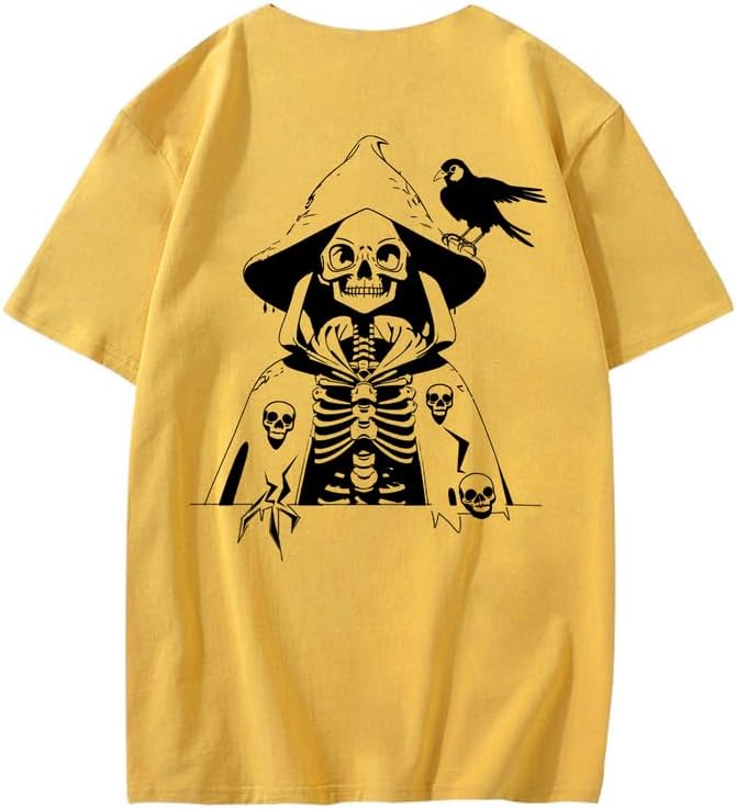 CORIRESHA Camiseta con estampado de calavera para adolescentes, cuello redondo, manga corta, informal, de algodón, disfraz de Halloween