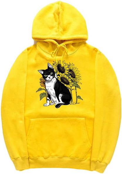 CORIRESHA Lindo Gato Sudadera con capucha Casual Manga Larga Cordón Girasol Sudadera