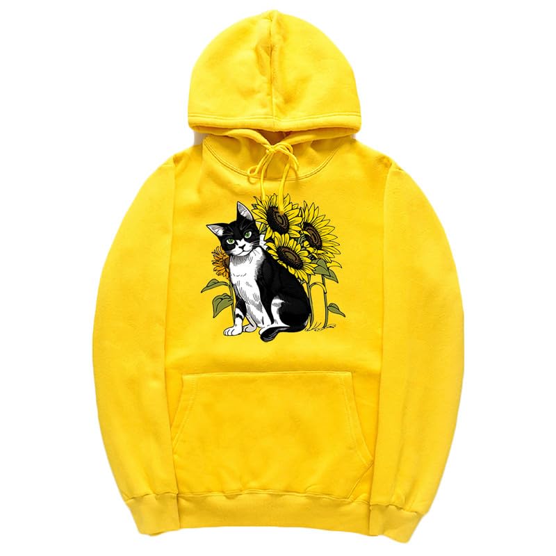 CORIRESHA Cute Cat Hoodie Casual Long Sleeve Drawstring Sunflower Sweatshirt