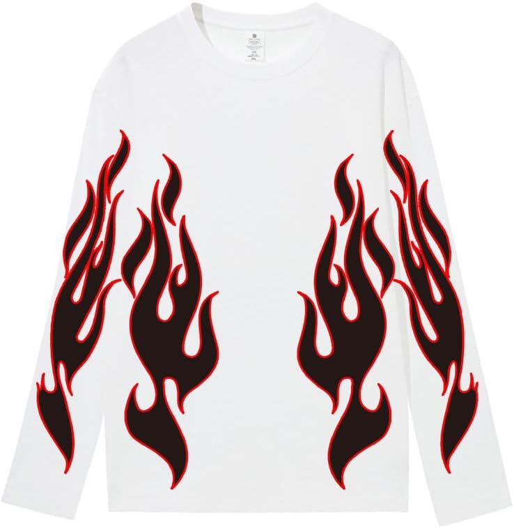 CORIRESHA Teen Fashion Flame Pattern Crewneck Long Sleeve Y2K Fall T-Shirt Top