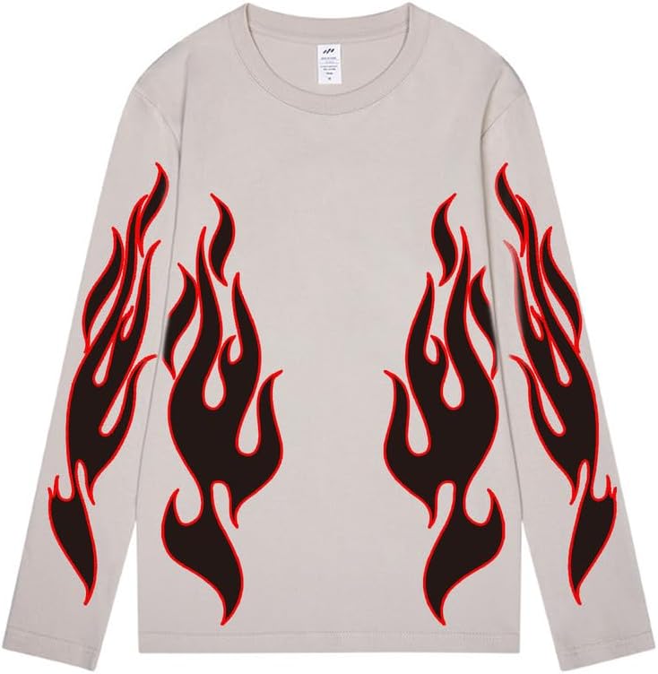 CORIRESHA Teen Fashion Flame Pattern Crewneck Long Sleeve Y2K Fall T-Shirt Top