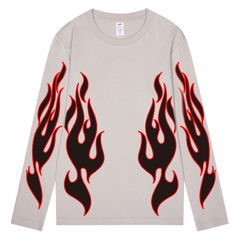 CORIRESHA Teen Fashion Flame Pattern Crewneck Long Sleeve Y2K Fall T-Shirt Top