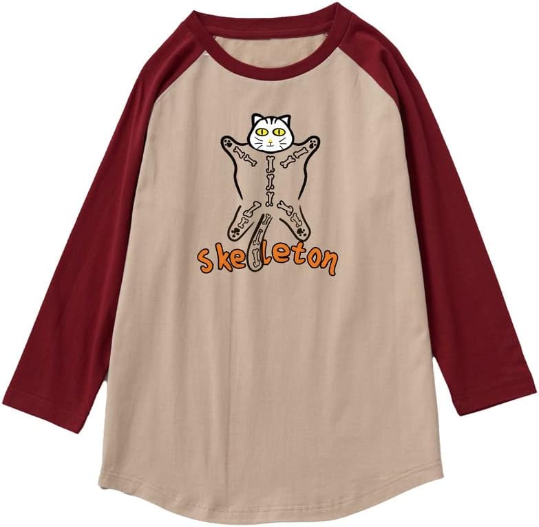 CORIRESHA Disfraz de Halloween con diseño de esqueleto de gatos divertidos, manga raglán 3/4, camiseta gótica