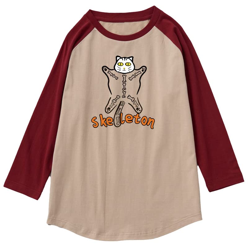 CORIRESHA Halloween Costume Funny Cats Skeleton Pattern 3/4 Raglan Sleeves Gothic T-Shirt