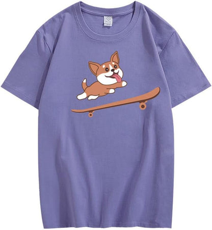 CORIRESHA Teen Cute Shiba Inu Dog Skateboard Round Neck Short Sleeves Cozy T-Shirt