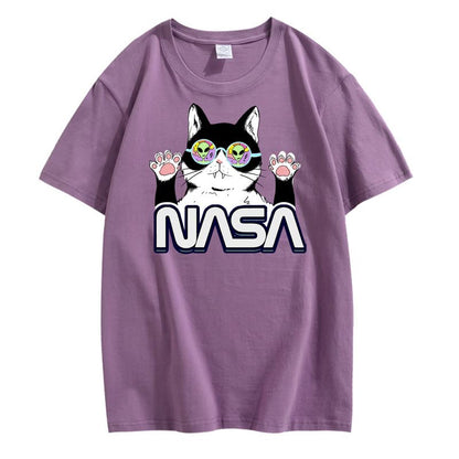 CORIRESHA Camiseta de la NASA para adolescente, informal, cuello redondo, manga corta, lindo gato