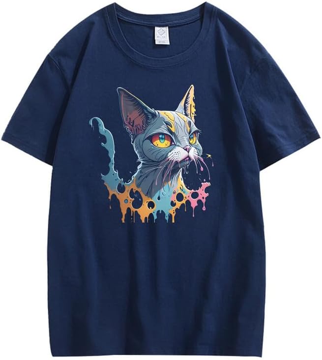 CORIRESHA Camiseta unisex de algodón con estampado de pintura de manga corta y diseño de gato lindo