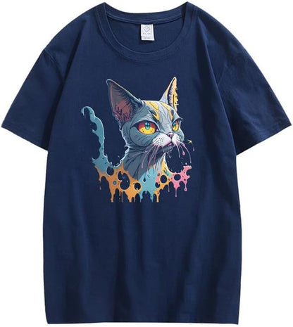 CORIRESHA Camiseta unisex de algodón con estampado de pintura de manga corta y diseño de gato lindo