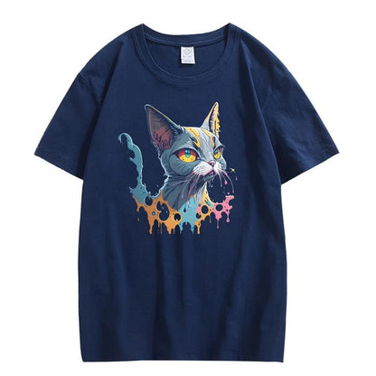CORIRESHA Camiseta unisex de algodón con estampado de pintura de manga corta y diseño de gato lindo