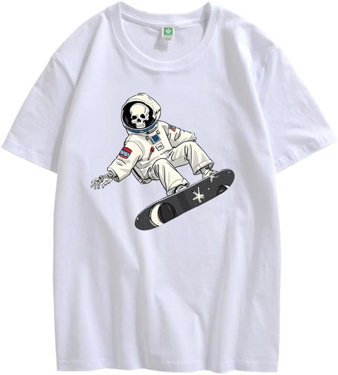 CORIRESHA Camiseta de astronauta con calavera para mujer, informal, cuello redondo, manga corta, para verano, skate
