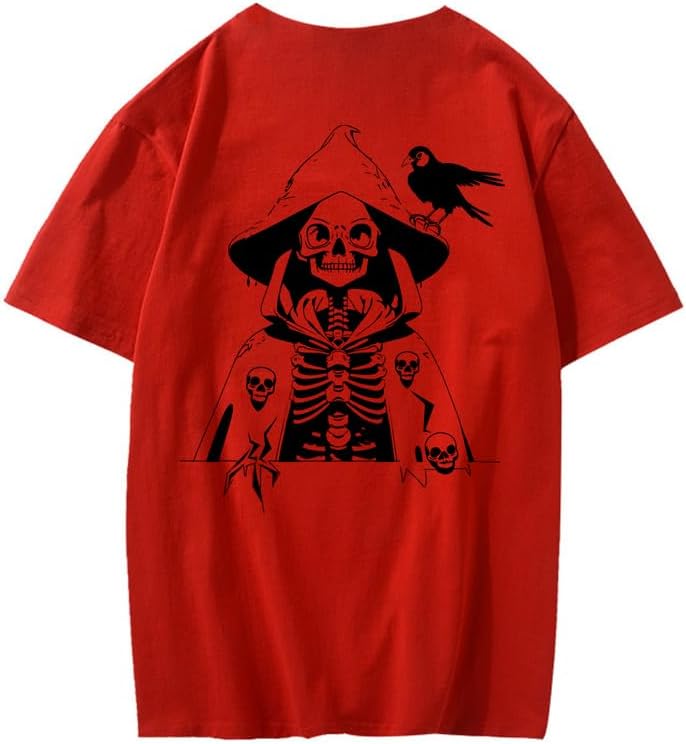 CORIRESHA Camiseta con estampado de calavera para adolescentes, cuello redondo, manga corta, informal, de algodón, disfraz de Halloween