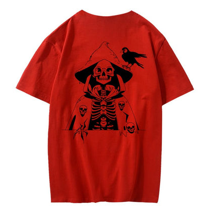 CORIRESHA Camiseta con estampado de calavera para adolescentes, cuello redondo, manga corta, informal, de algodón, disfraz de Halloween