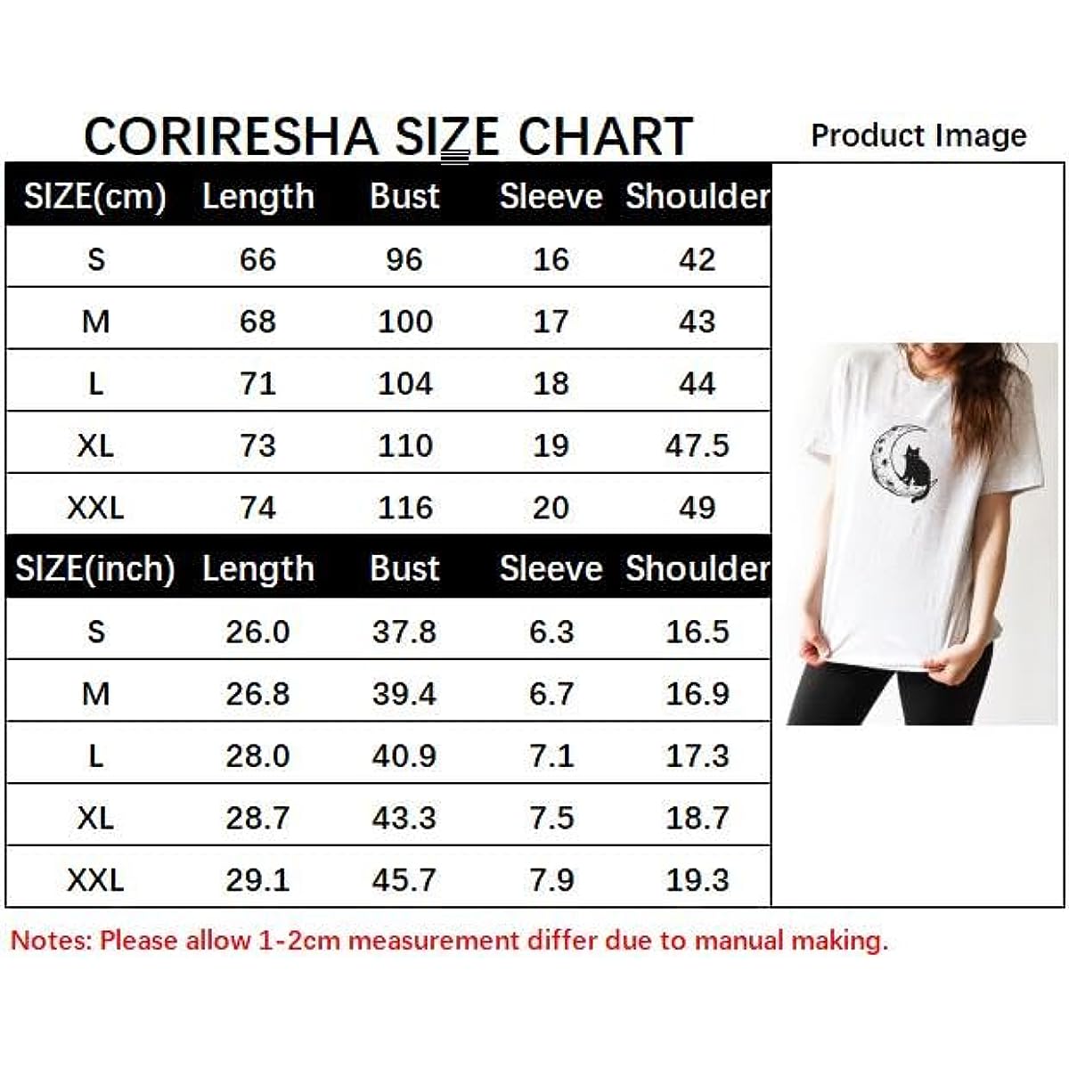 CORIRESHA Camiseta básica casual de manga corta con cuello redondo y gato negro luna para mujer