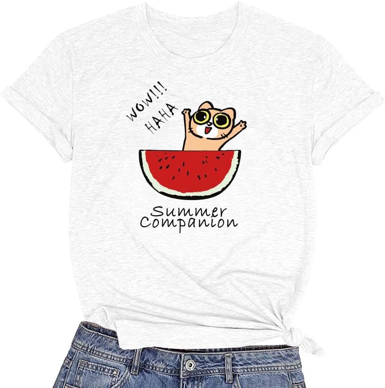 CORIRESHA Camiseta divertida de manga corta con cuello redondo y patrón de sandía para mujer
