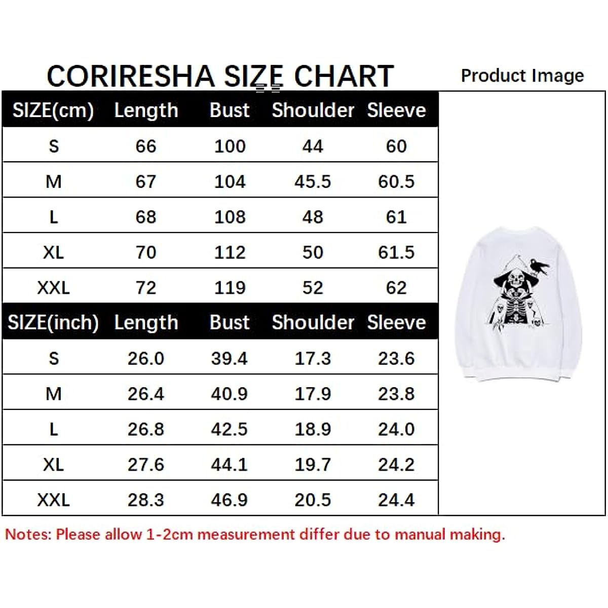 CORIRESHA - Sudadera de algodón para mujer con estampado de calavera de manga larga y cuello redondo