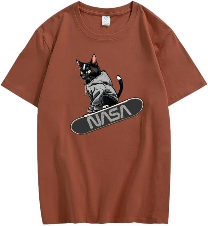 CORIRESHA Camiseta holgada informal de manga corta con cuello redondo y monopatín de gato para mujer