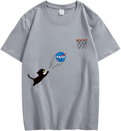 CORIRESHA Adolescente Lindo Gato Cuello Redondo Manga Corta Verano Casual Básico NASA Camiseta