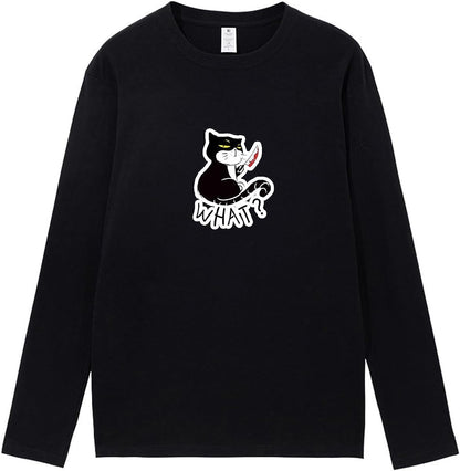 CORIRESHA Unisex Funny Cat with Blood Knife Long Sleeve Cotton Halloween T-Shirt