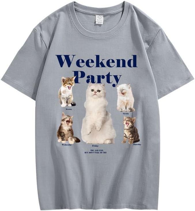 CORIRESHA Teen Cute Cat Graphic Crewneck Short Sleeve Casual Weekend Party T-Shirt