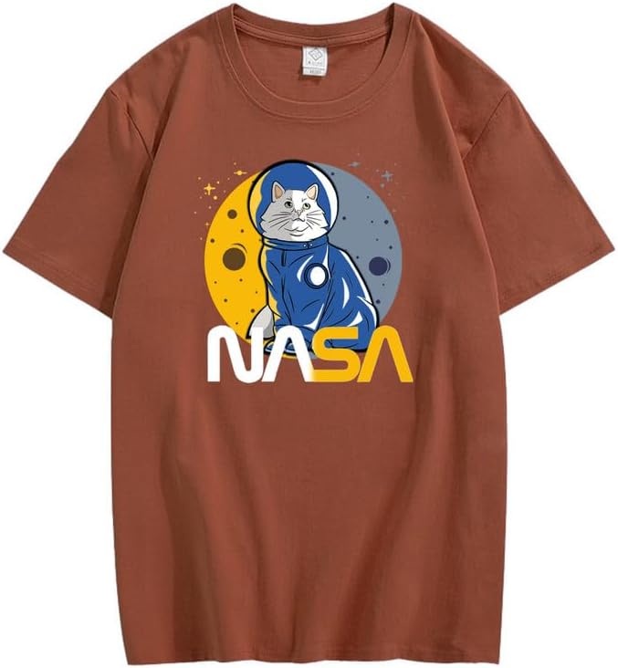 CORIRESHA Teen's Astronaut NASA Crew Neck Short Sleeve Casual Basic Cat T-Shirt
