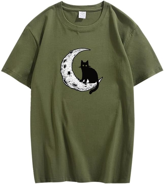 CORIRESHA Camiseta unisex de manga corta con cuello redondo y diseño de gato lunar, informal, de algodón suave
