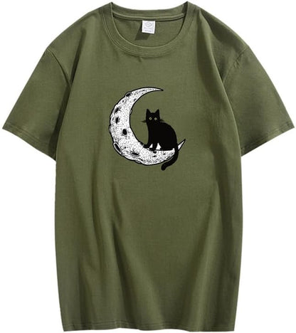 CORIRESHA Camiseta unisex de manga corta con cuello redondo y diseño de gato lunar, informal, de algodón suave