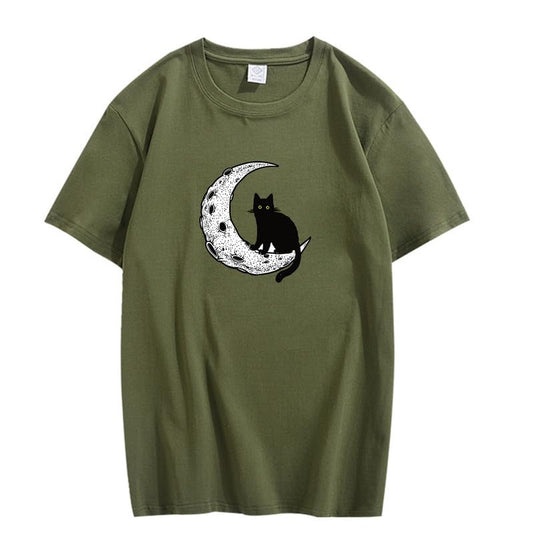CORIRESHA Camiseta unisex de manga corta con cuello redondo y diseño de gato lunar, informal, de algodón suave