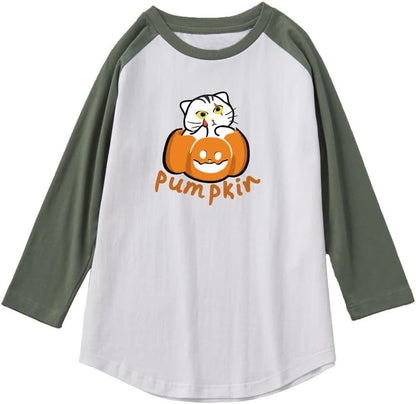 CORIRESHA Funny Cats Pumpkin T-Shirt 3/4 Raglan Sleeves Unisex Halloween Costume