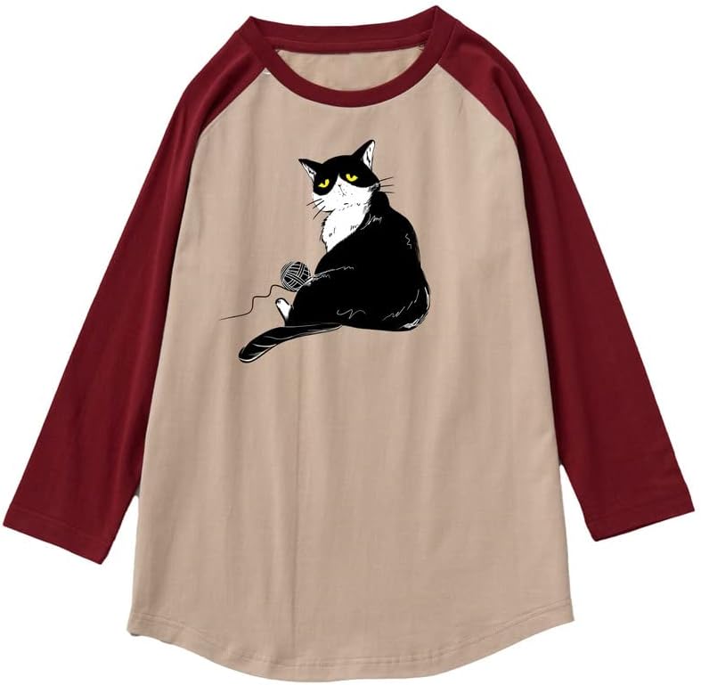 CORIRESHA Camiseta de gato lindo para hombre, mangas raglán, cuello redondo, dobladillo curvado, tops casuales