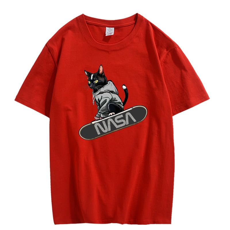 CORIRESHA Women's Cute Cat Skateboard Crew Neck Short Sleeve Casual Loose NASA T-Shirt