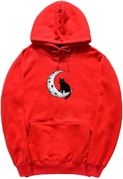 CORIRESHA Sudadera con capucha unisex Moon Cat Casual de manga larga suave y linda sudadera con bolsillo