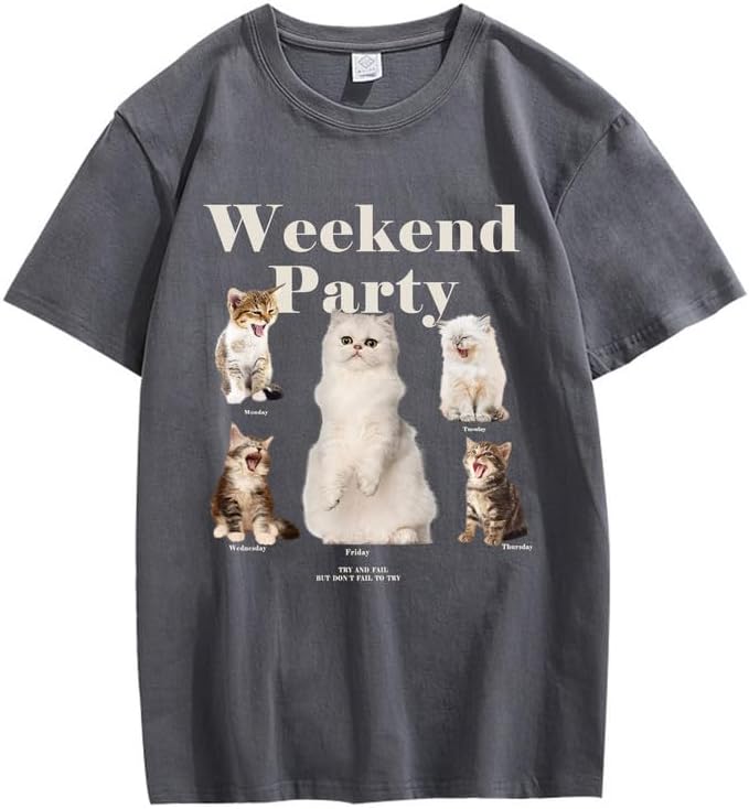 CORIRESHA Teen Cute Cat Graphic Crewneck Short Sleeve Casual Weekend Party T-Shirt
