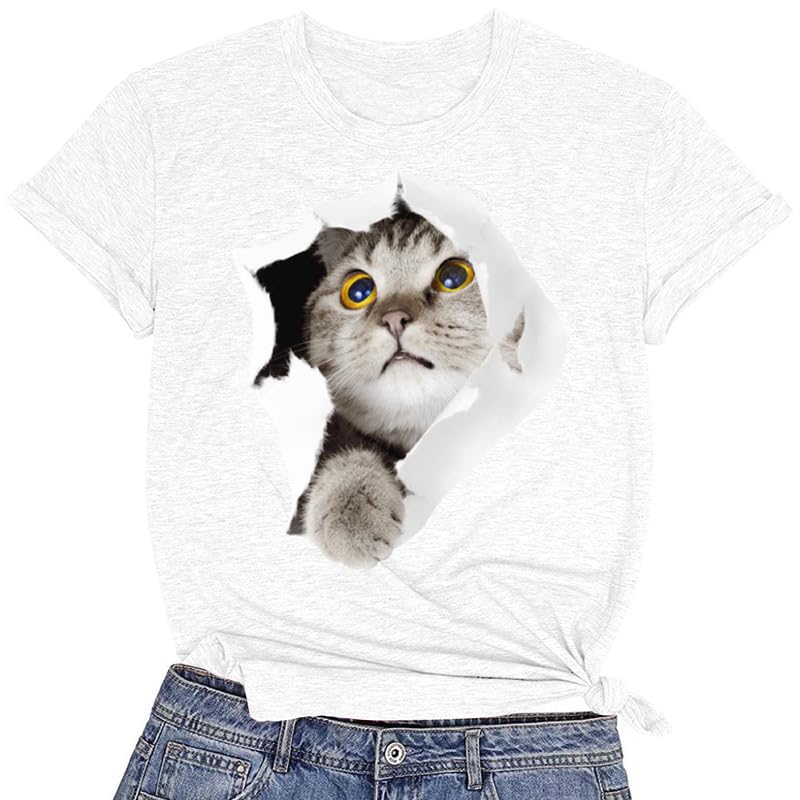 CORIRESHA Camiseta linda de verano de manga corta con cuello redondo, ropa informal para amantes de los gatos