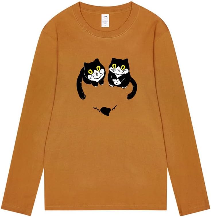 CORIRESHA Women's Teen Cute Cat Crew Neck Long Sleeve Casual Fall Heart T-Shirt