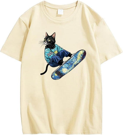 CORIRESHA Women's Cute Cat Skateboarding Crewneck Short Sleeve Loose Cotton Fashion T-Shirt