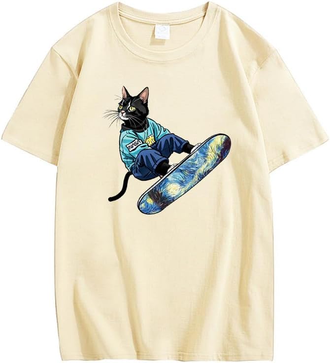 CORIRESHA Camiseta de algodón suelta de manga corta con cuello redondo y diseño de gato lindo para mujer