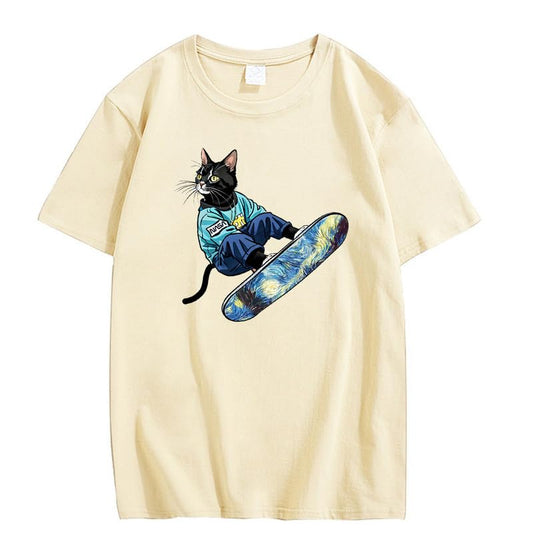 CORIRESHA Camiseta de algodón suelta de manga corta con cuello redondo y diseño de gato lindo para mujer
