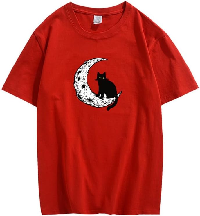 CORIRESHA Camiseta unisex de manga corta con cuello redondo y diseño de gato lunar, informal, de algodón suave